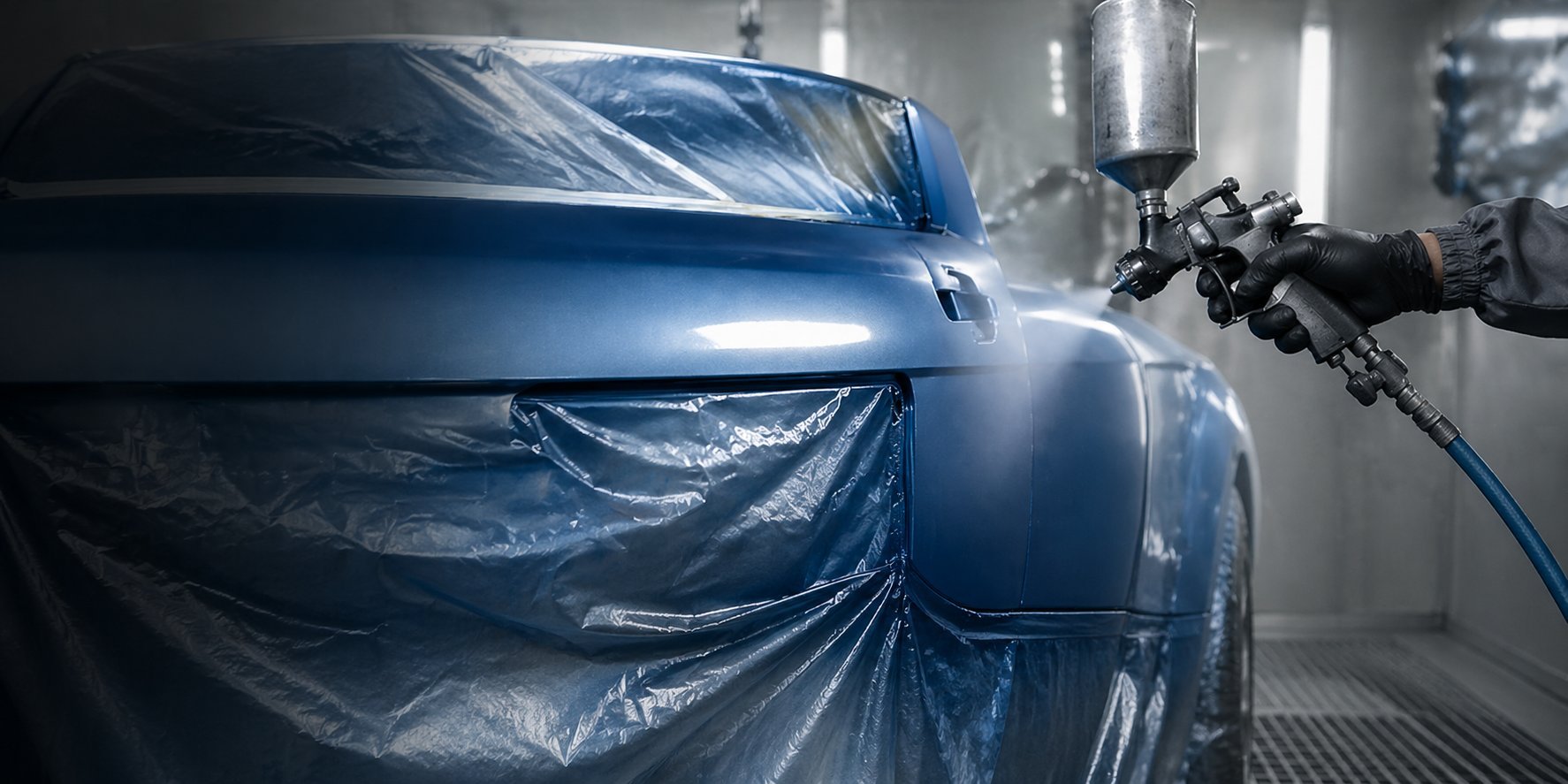 Professional spray painting a blue car covered in protective plastic sheeting in an industrial paint booth